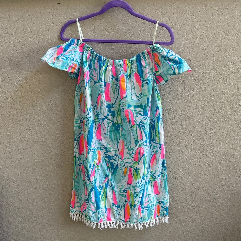 Lilly Pulitzer Girls' Off-Shoulder Dress - Aqua with Pink & Yellow Accents